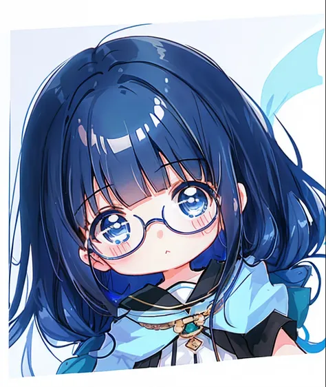 1girl, (dark blue hair, long hair, blunt bangs, blue eyes, round specs), white background, simple background,  cb_version, chibi...