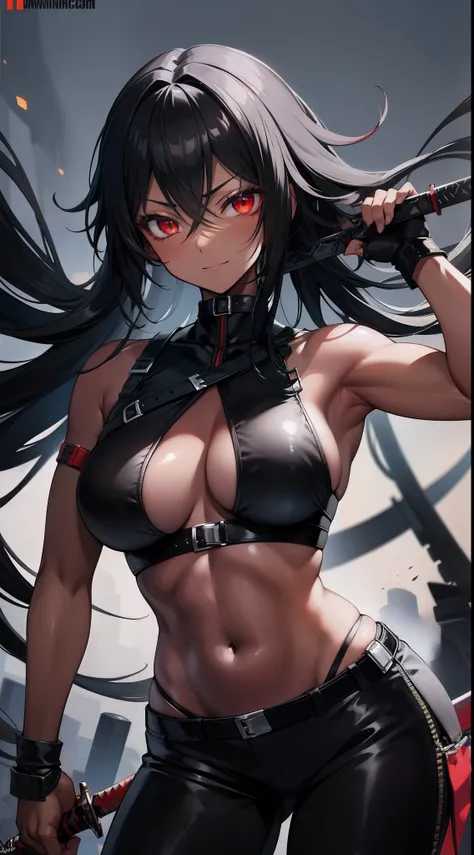 Adult woman, ebony, black skin, long curly black hair, red eyes, Bondage on the eye, musculature, Black hired tight top, Mercenary pants, arma, sword, smirk, Masterpiece, hiquality