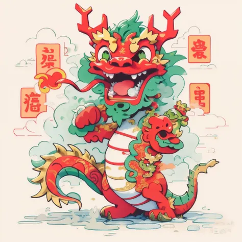 Illustration of a red-nosed green-tailed dragon, smooth chinese dragon,chinese dragon concept art,  Cyan Chinese dragon holding gold ingot, anthropomorphic dragon, a dragon made of clouds、in graffiti style