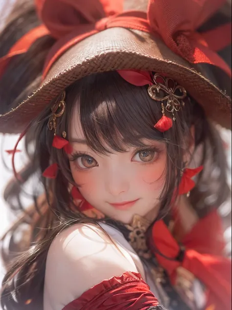 Close up of crimson smile with mouth open、A ribbon is worn on his head、(hentail realism、A high resolution)、(1 girl in)、eye、Korean girl、(Best quality), (masutepiece), (1girl in), Solo, a beauty girl, Perfect face, Big Breast,DreamlikeArt、Highly detailed air...