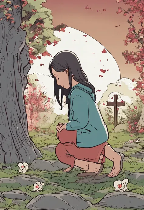 人物:Mom knelt in front of the grave crying,The daughter stood on the side and silently held her mothers hand
expression:Mom was in pain,The daughter was at a loss