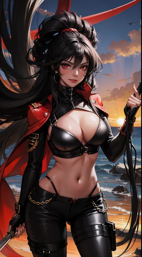 Adult woman, ebony, black skin, long curly black hair, red eyes, Bondage on the eye, musculature, Black hired tight top, Mercenary pants, arma, sword, smirk, Masterpiece, hiquality