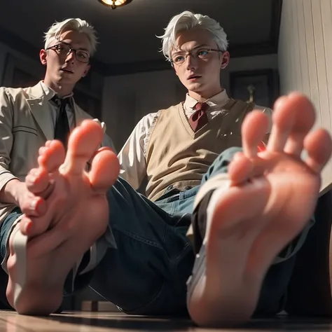 A white-haired teenager，Hands are tied，Be red in the face，The soles of both feet are facing me