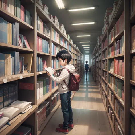 a boy in a library looking for a book, anime drawing style --auto --s2