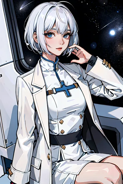 (​masterpiece:1.2、top-quality), (1lady、独奏、The upper part of the body:1.2), The hair:buzzcut, garments:White coat like a researcher、The location：A space station