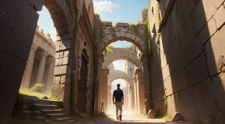 young man walking down a narrow alley, standing before ancient ruins, at an ancient city, in ancient city ruins,ruins in the background, ancient ruins in the background, in front of a ruined city