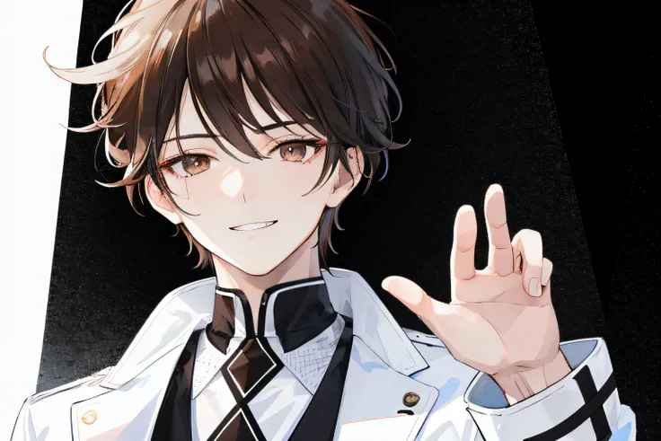 1boy, a close up of a person with raised hand, wearing white jacket with black shirt, wearing fancy white jacket, brown eyes, brown hair, brown messy upward sweep hairstyle, smirk at the view, high res, 8k, masterpiece ((mature male))