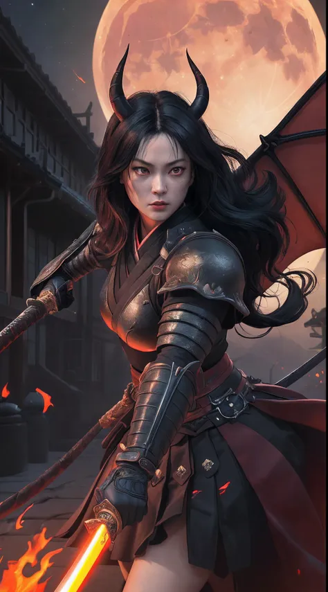 there is a woman samurai facing a red skinned demon in the streets at night. A Japanese woman samurai, a female warrior, ultra detailed face (best details, Masterpiece, best quality: 1.5), pale skin, long hair, black hair, dynamic eyes color, armed with a ...