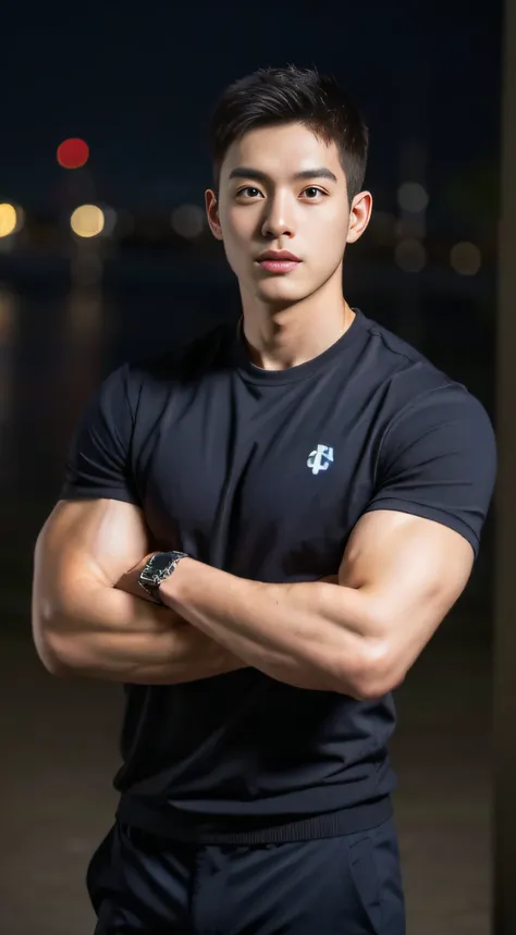 male police officers in their 20s pose for a group photo...., wear a navy shirt......................, high-res, tmasterpiece, b...