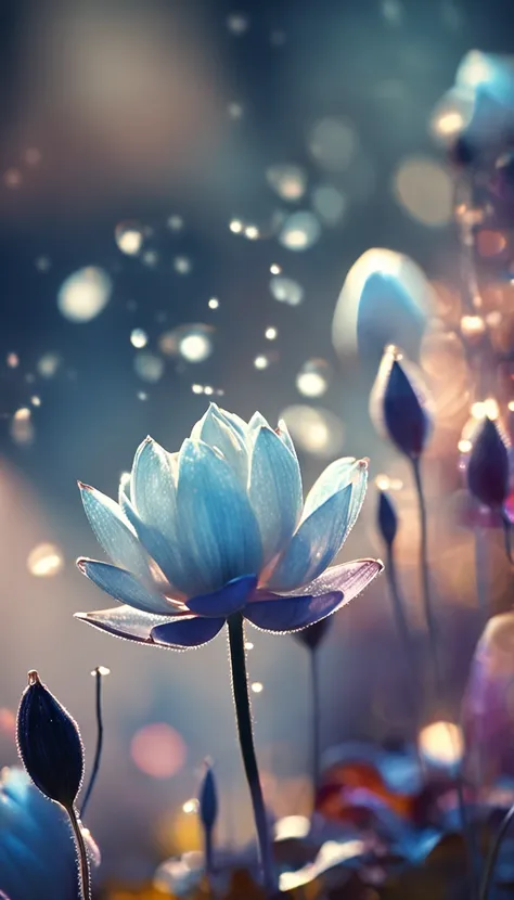 microcosm , Masterpiece , macro photography , cobweb, filmgrain, Bokeh , Smoke , Highly detailed, Sunny Sunny weather, Microflower, The drops, bblurry, Close-up of 1 realistic lotus room：1.5, Azure background, subdued contrasts, rendering by octane , illus...