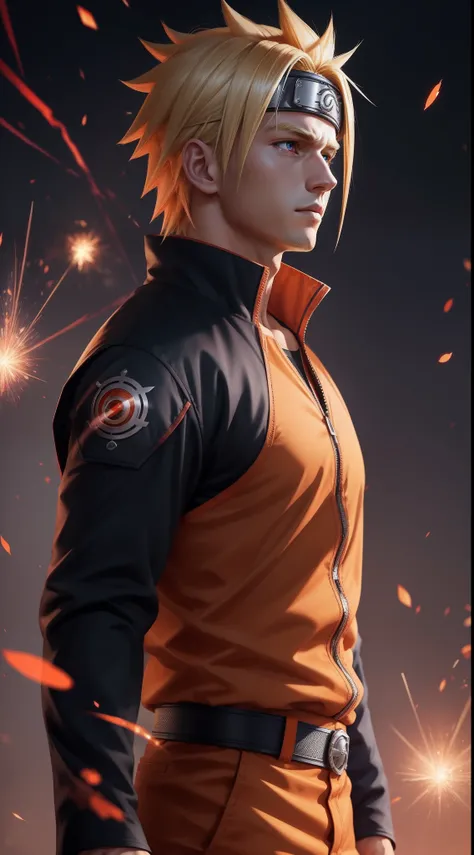 Perfect profile picture, masterpiece, extremely accurate rendering, cool handsome Naruto, blond hair, looking at viewer, solo, reliable, savior of the world, simple design, beautiful visuals best, 8K, light red eyes, original orange clothing style accordin...