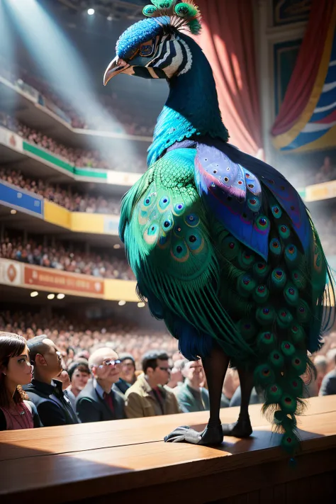 people watching a peacock in a circus