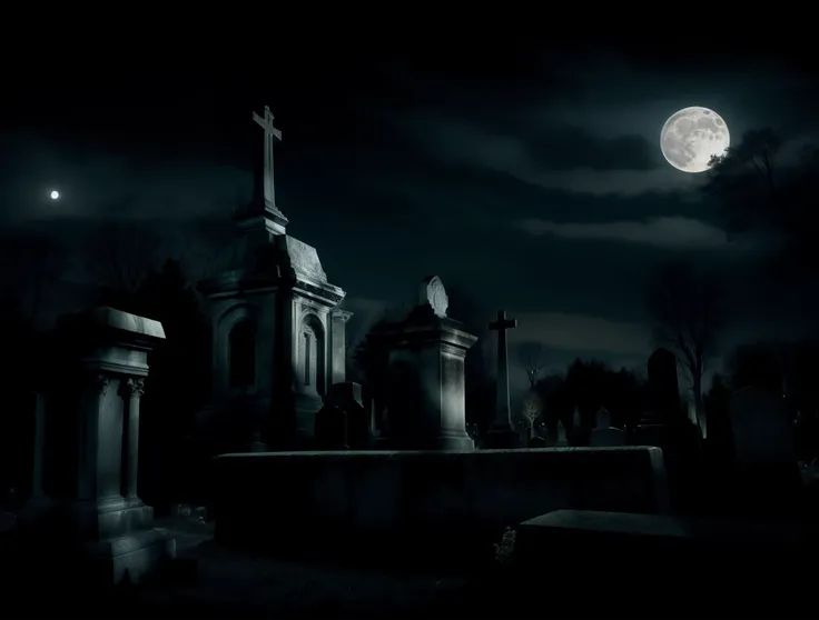 a dark cemetery with tombstones and a full moon in the background, Dark cemetery scene, graveyard landscape at night, graveyard background, graveyard, sitting in a cemetery at night, graveyard, at the graveyard at midnight, tombstones, tombstones, The Ceme...