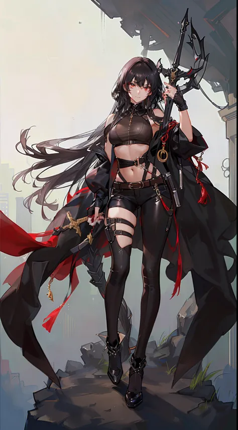 Adult woman, ebony, black skin, long curly black hair, red eyes, Bondage on the eye, musculature, Black hired tight top, Mercenary pants, arma, sword, smirk, Masterpiece, hiquality