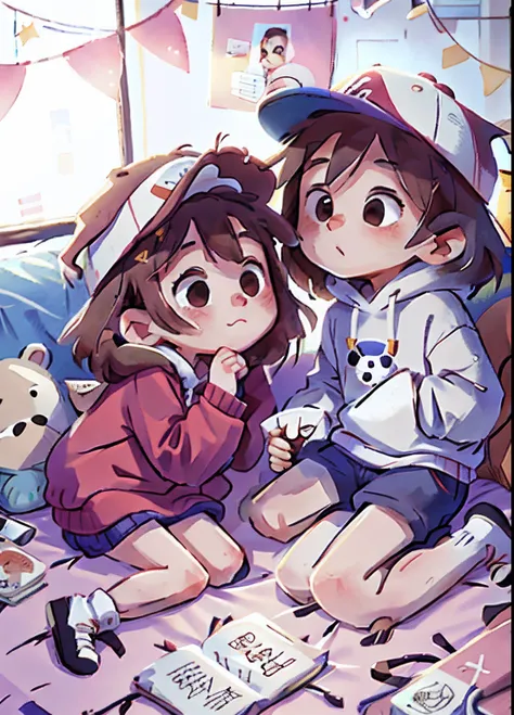 a couple lying on the bed together with the boy have his hand on the girl’s shoulder and kissing her forehead, wearing oversized hoodies with the hats on, happy, early morning, soft background, bokeh background, detail face, soft lines, background with pol...