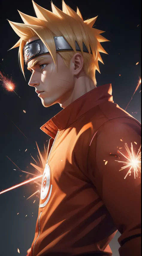 Perfect profile picture, masterpiece, extremely accurate rendering, cool handsome Naruto, blond hair, looking at viewer, solo, reliable, savior of the world, simple design, beautiful visuals best, 8K, light red eyes, original orange clothing style accordin...