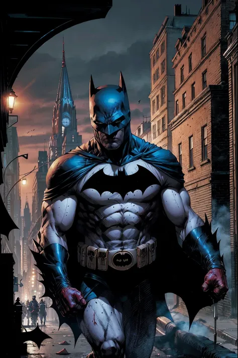 Batman was on the streets of Gotham City when he saw blood on the ground. He followed the trail of blood and found a group of criminals who had just robbed a bank. Batman fought them and managed to capture them all. He then called the police to come and ta...