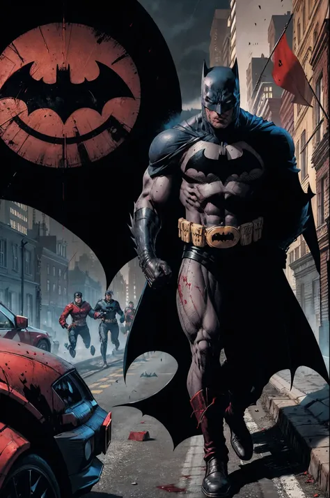 Batman was on the streets of Gotham City when he saw blood on the ground. He followed the trail of blood and found a group of criminals who had just robbed a bank. Batman fought them and managed to capture them all. He then called the police to come and ta...