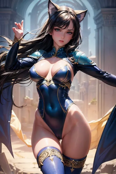 ((Best Quality, 8K, ultra-detailed, Masterpiece: 1.3)), 1girl, shiny skin, sharp, Perfect Body Beauty, realistic shaded perfect body, ("leotard, fantasy,transparent pussy ":1.2), ("kneehighs":1.1),(jacket , fantasy :1.1),fantasy costume,big_breasts ,(dynam...