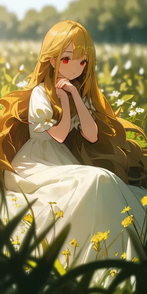 (​masterpiece, Top  Quality), 1 girl with long yellow hair sitting in a field of green plants and flowers, Hand under the chin, warm lightings, White dress, blurred foreground, Red Eyes