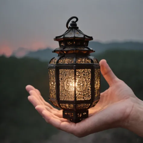 A close-up of a very beautiful hand holding a Kong Ming lantern，under the starry night sky