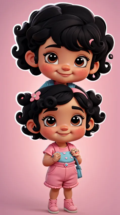 a cute little baby girl ((((baby style)))) in chibi pastry style, she has (((short black hair))), ((((very short black power hair))))), (((curly hair) ))), brown eyes, she is smiling, she is wearing a pink and blue jumpsuit, with white shoes, she is holdin...