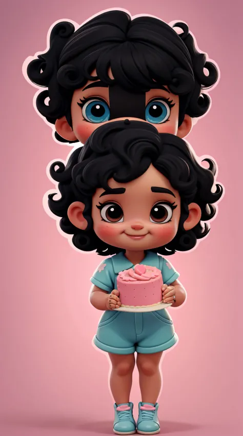 a cute little baby girl ((((baby style)))) in chibi pastry style, she has (((short black hair))), ((((very short black power hair))))), (((curly hair) ))), brown eyes, she is smiling, she is wearing a pink and blue jumpsuit, with white shoes, she is holdin...