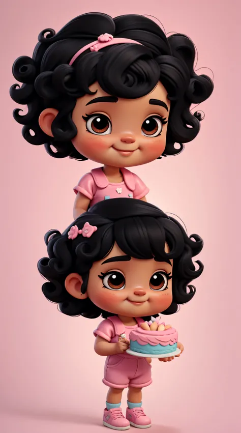 a cute little baby girl ((((baby style)))) in chibi pastry style, she has (((short black hair))), ((((very short black power hair))))), (((curly hair) ))), brown eyes, she is smiling, she is wearing a pink and blue jumpsuit, with white shoes, she is holdin...