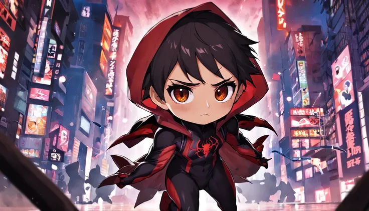 Miles Morales, Chibi, Olhando para o Viewer, card background, cidade, chamas