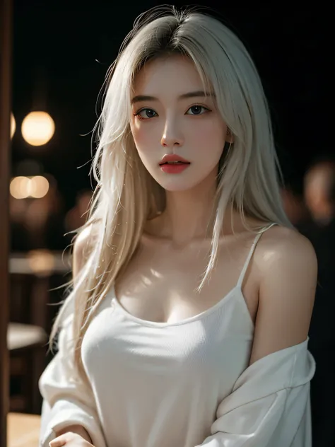 best qualtiy， tmasterpiece， 超高分辨率， （realisticlying：1.5）， RAW photogr， 1girll， bshoulders， in the darkness nigth， deep shading， low tune， cold light， Sexy look， long detailed hair,White hair，white skinned，damp hair，blacksilk, in a club