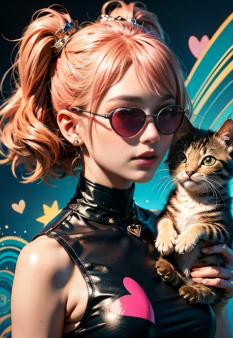 tmasterpiece、top-quality、highestdetailed、Psychedelic kitten design wears colorful and bright pink heart-shaped sunglasses、The is very detailed、Rich in color、Excellent details、Effective portrayal