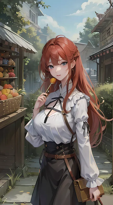 ​masterpiece、top-quality、Medieval Western Fantasy Worldview、Game-like、Walk through many stone and wooden houses、（（Very wide road））、There are many stalls and food stalls on both sides of the road.、Fruit stalls、Miscellaneous stalls、big crowd々、Meat skewers、Ea...