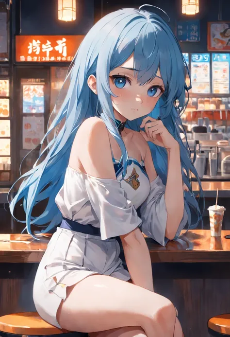 A full body picture of Urubida with blue hair and white highlights, having a drink in a coffee shop