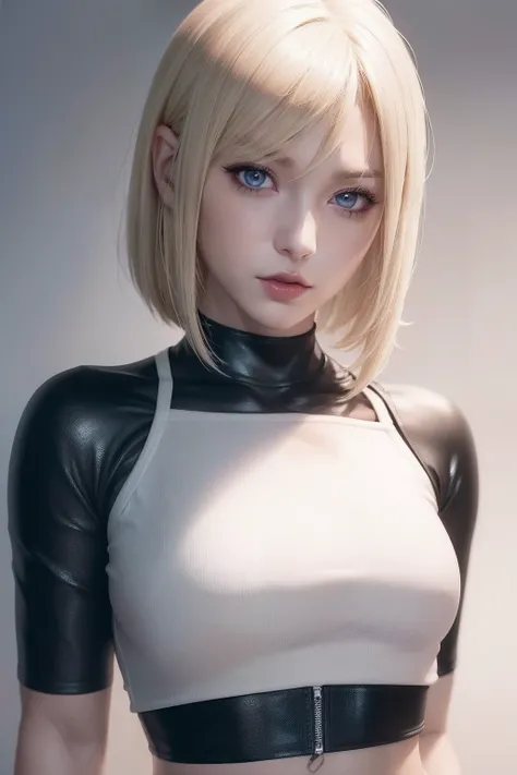 Portrait ((face)) of anime beauty blonde girl (short Bob realistic hair), perfect face, realistic skin ((((high detailed skin)))), red lips, in realistic black & white combat body plugsuit armor (((crop top synphpunk))), ((beauty realistic anime eyes)), 4K...