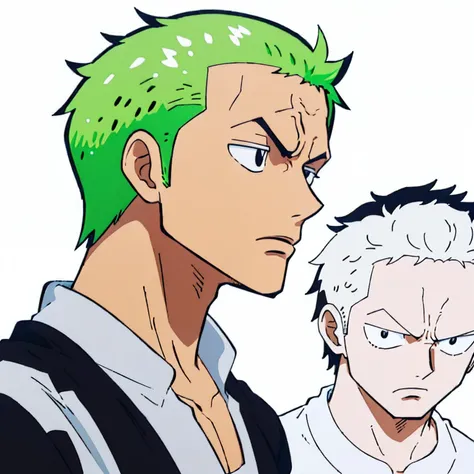 (melhor qualidade: 0,8), (melhor qualidade: 0,8), Perfect 2D anime illustration in outlines,zoro in cartoon, half profile face, Anime Shock, side face, outlined, white background, cartoon, flatten illustration, just outlines, less details, modern cartoon s...