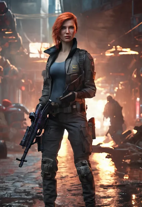 In the dark alley there was a woman with a gun, wojtek fus, heroines, of a sniper girl in war, Hyper-realistic cyberpunk style, Redhead female cyberpunk, ultra realistic concept art, sci fi female character, photorrealistic concept art, dieselpunk soldier ...