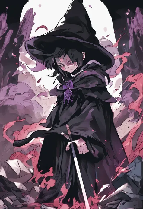 Character: A wizard in a black robe. hes wearing a hat，So the face is not visible. The wizards aura was gloomy.