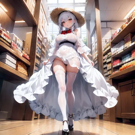 ((Gold eyes))、a straw fedora hat、wedding dress 、Large breasts、（Short Twin Tail Silver  ）  、[(White background:1.5)::5], (Bottle Bottom:0.9), 1 girl, mid-shot, Full body,White hair,Black Dress,Red bow,Black shoes,brue eyes,Long legs,Streitleg,Black legwear,...