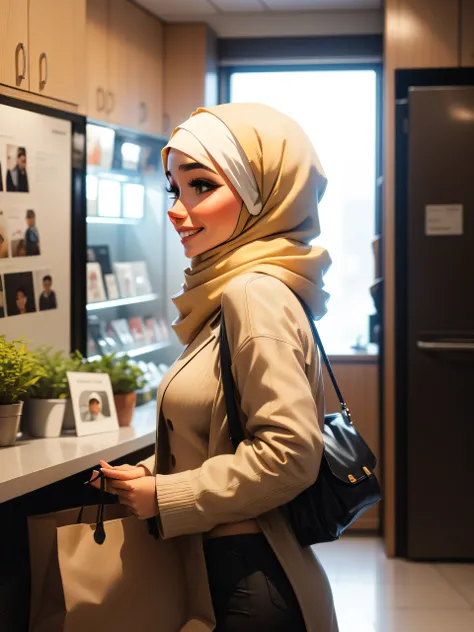 there is a woman standing in a room with a bag, hijab, lovely woman, with lovely look, inspired by JoWOnder, scarf, beige, profile pic, white hijab, inspired by Shaddy Safadi, cute woman, inspired by Fathi Hassan, ruan cute vtuber, charming smile, handsome...