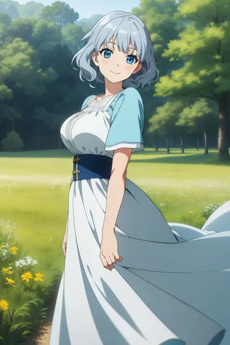 (Masterpiece, Best quality,) Anime screencap, 1girll, 
Short hair, Blue eyes, Silver hair, Wavy hair, Braid, dress, Large breasts, Smile, 
Depth of field, forest, Field, Wind, swirl,