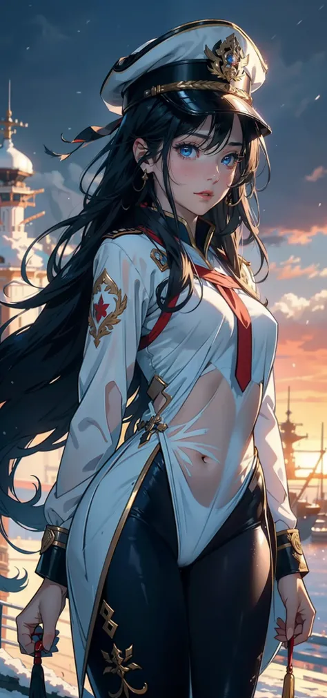 1womanl，3 years old，bit girl，Small loli，smallunderboob，Raised sexy，Pornographic exposure， 独奏，Beauty contests，standing on your feet（Background with：the sea，snow mountains，warships，at winter season，Blizzarding，Big snowflakes）On warships， with his long black ...