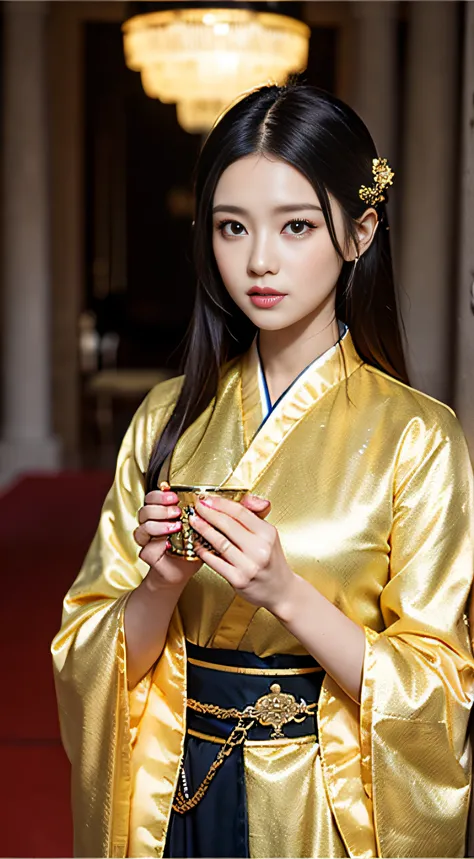 dynasty, court, palatial palace, Emperor, Emperor, maid, The table, Bronze Cup, Bronze Sword, Guard, chain mail, yellow robe, Hanfu, Black hair, Black pupil, Dragon pattern, brilliance, gold, Gold leaf edging, totem, ladder, Red carpet