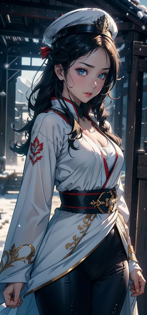 1womanl，3 years old，bit girl，Small loli，smallunderboob，Raised sexy，Pornographic exposure， 独奏，Beauty contests，standing on your feet（Background with：the sea，snow mountains，warships，at winter season，Blizzarding，Big snowflakes）On warships， with his long black ...