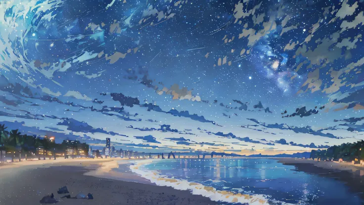 Starry night sky on the beach，There is a body of water, Cosmos Sky. By Makoto Shinkai, anime backgrounds, beautiful anime scenes, anime beautiful peace scene, Makoto Shinkai. —h 2160, ( ( Makoto Shinkai ) ), Makoto Shinkai!!, Makoto Shinkai!, Anime backgro...