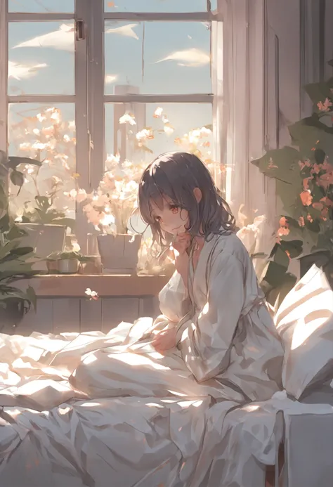 Anime girl in white pajamas getting out of bed with cat, Hang the laundry to dry，loli in dress, small curvy loli, artwork in the style of guweiz, guweiz on pixiv artstation, guweiz on artstation pixiv, guweiz, small loli girl, soft anime illustration, Anim...