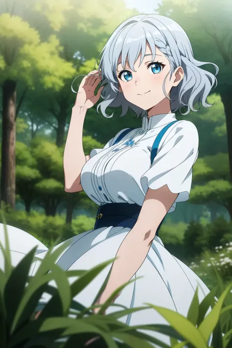 (Masterpiece, Best quality,) Anime screencap, 1girll, 
Short hair, Blue eyes, Silver hair, Wavy hair, Braid, dress, Large breasts, Smile, 
Depth of field, forest, Field, Wind, swirl,