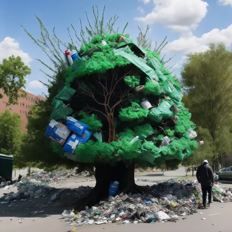 The tree of garbage is surrounded by garbage, and a guy is coloring the tree with green paint