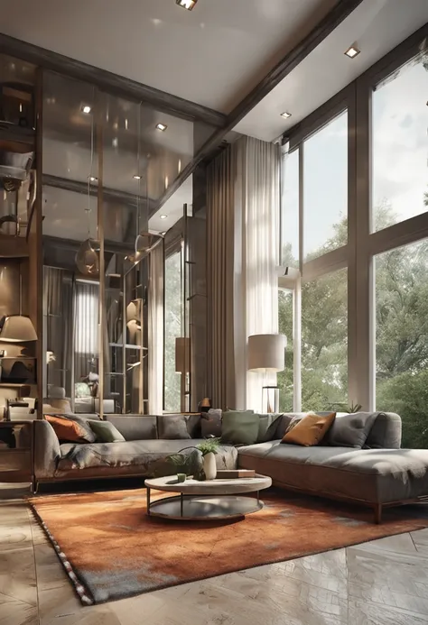 Interior design of a room with two floor-to-ceiling windows, realism, modest furnishings
3D render