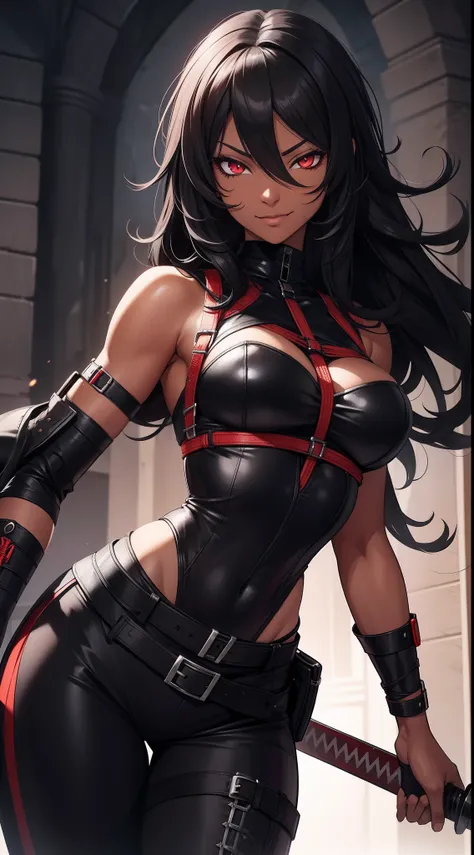 Adult woman, ebony, black skin, long curly black hair, red eyes, Bondage on the eye, musculature, Black hired tight top, Mercenary pants, arma, sword, smirk, Masterpiece, hiquality