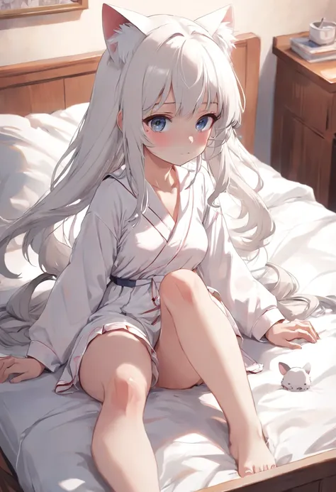 Anime girl in white pajamas getting out of bed with cat, loli in dress, small curvy loli, artwork in the style of guweiz, guweiz on pixiv artstation, guweiz on artstation pixiv, guweiz, small loli girl, soft anime illustration, Anime visuals of cute girls,...